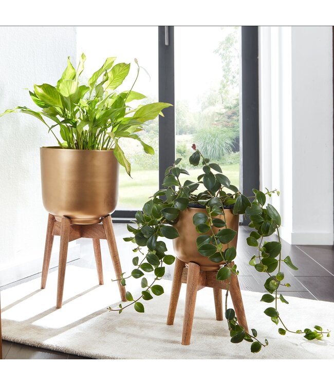 Wohnling Bloempot Set van 2 Metalen / Massief Houten Plantenbakken Goud met Voetjes | Design Plantenbak Rond