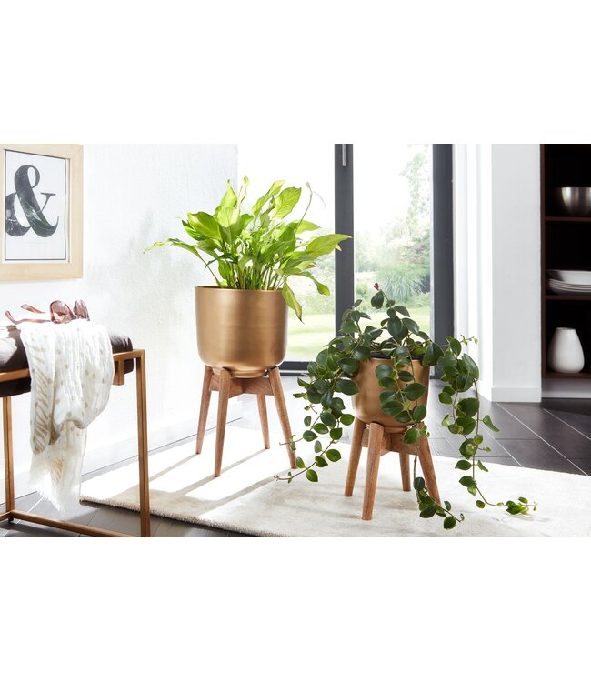 Wohnling Bloempot Set van 2 Metalen / Massief Houten Plantenbakken Goud met Voetjes | Design Plantenbak Rond