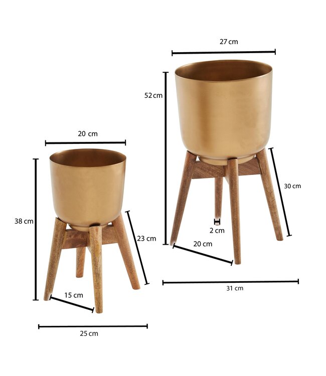 Wohnling Bloempot Set van 2 Metalen / Massief Houten Plantenbakken Goud met Voetjes | Design Plantenbak Rond
