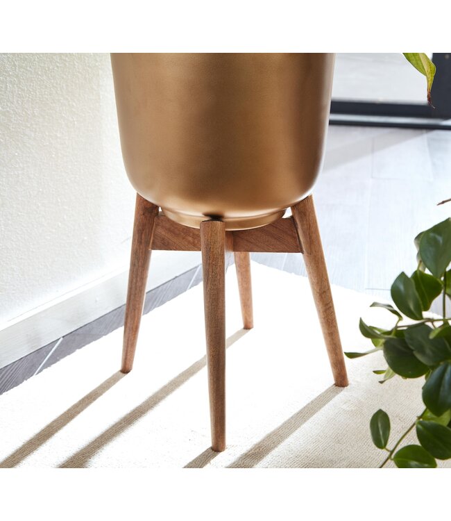 Wohnling Bloempot Set van 2 Metalen / Massief Houten Plantenbakken Goud met Voetjes | Design Plantenbak Rond