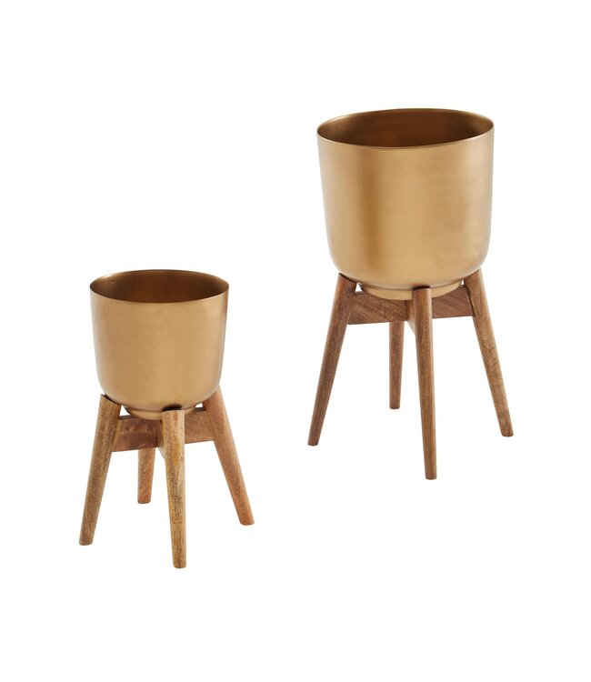 Wohnling Bloempot Set van 2 Metalen / Massief Houten Plantenbakken Goud met Voetjes | Design Plantenbak Rond