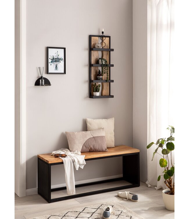 Wohnling Wandplank 30x80x10 cm Mango Massief Hout / Metaal Hangplank Industrieel | Design zwevende plank rechthoekig | Plank hangende woonkamer | Houten plankenwand met 4 planken en golfpatroon