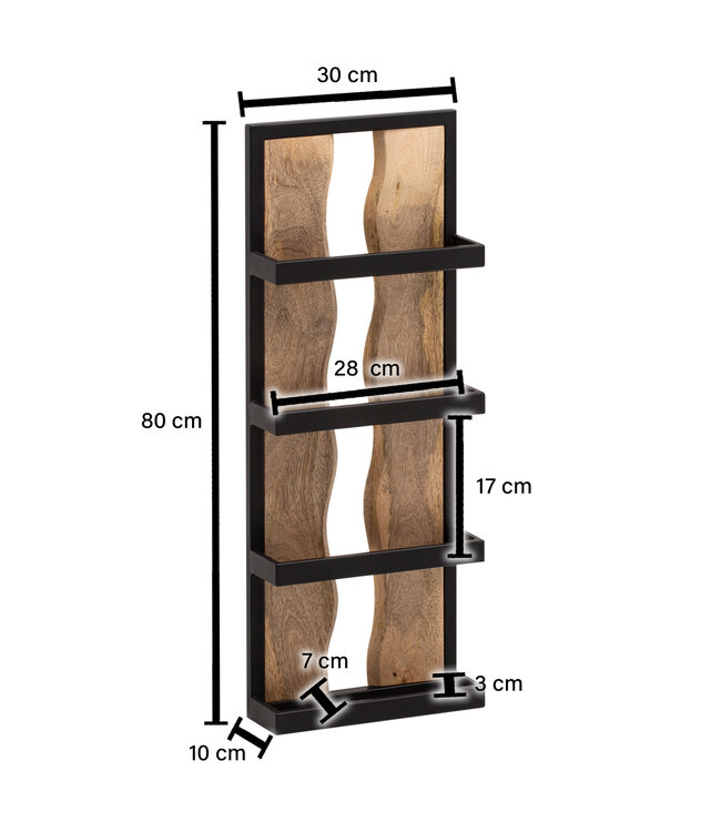 Wohnling Wandplank 30x80x10 cm Mango Massief Hout / Metaal Hangplank Industrieel | Design zwevende plank rechthoekig | Plank hangende woonkamer | Houten plankenwand met 4 planken en golfpatroon