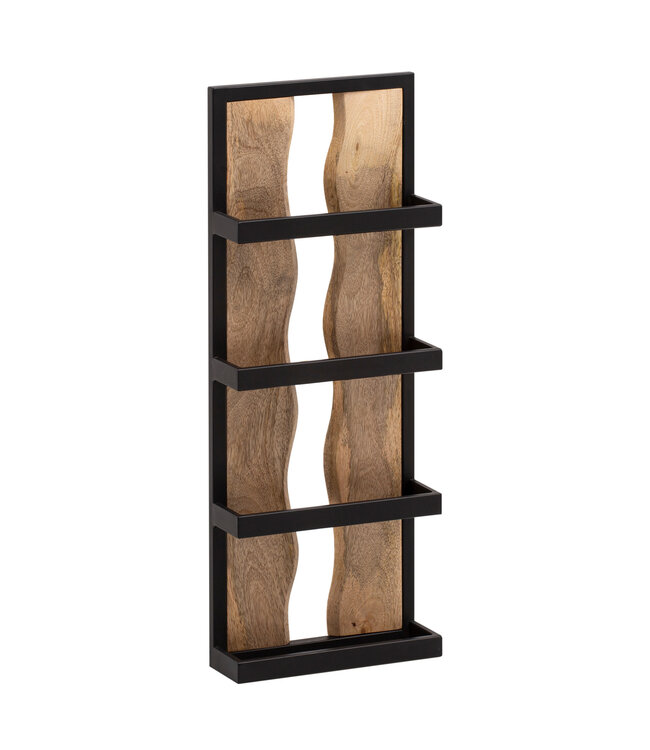 Wohnling Wandplank 30x80x10 cm Mango Massief Hout / Metaal Hangplank Industrieel | Design zwevende plank rechthoekig | Plank hangende woonkamer | Houten plankenwand met 4 planken en golfpatroon