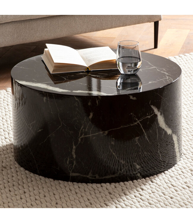Wohnling salontafel MONOBLOC 60x60x30 cm zwart hoogglans met marmerlook, design woonkamertafel rond, loungebank tafel salontafel modern