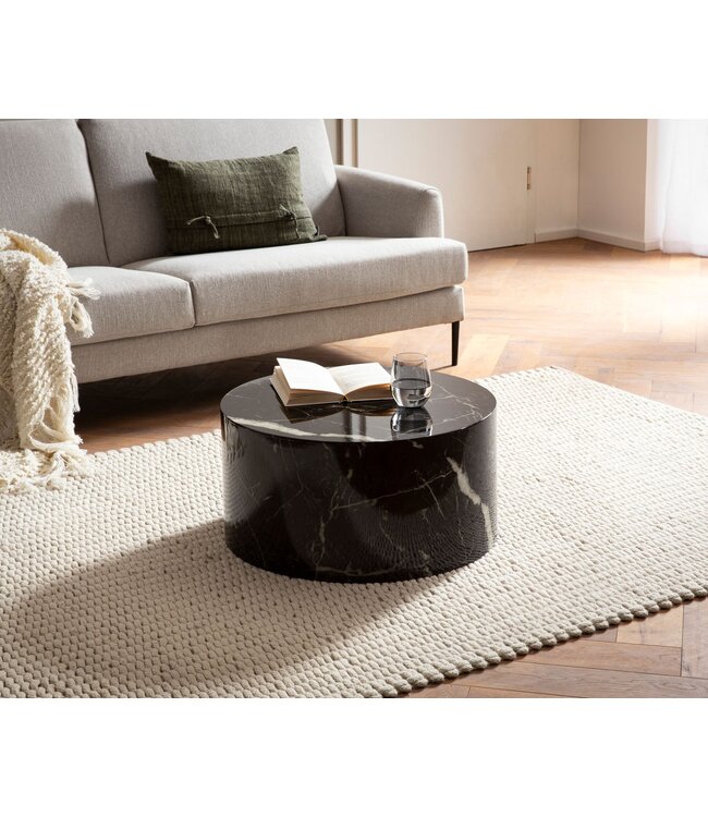 Wohnling salontafel MONOBLOC 60x60x30 cm zwart hoogglans met marmerlook, design woonkamertafel rond, loungebank tafel salontafel modern
