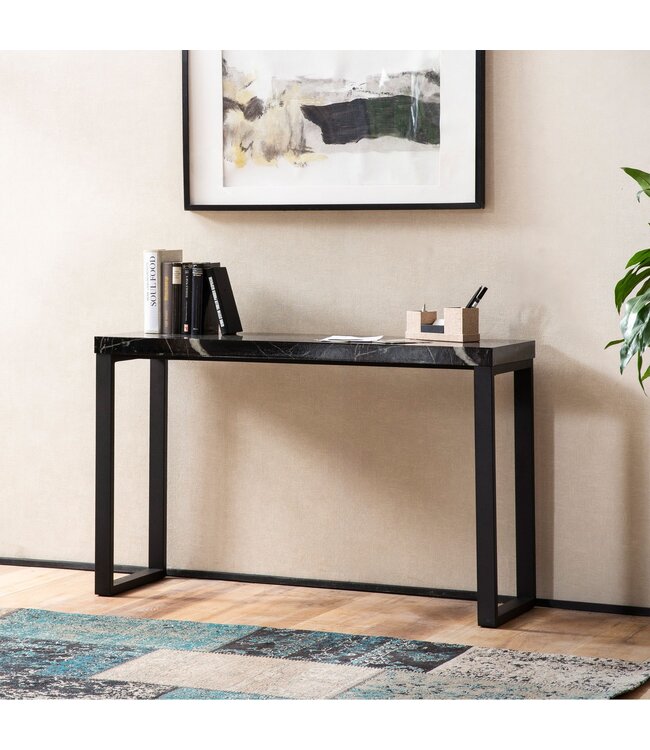 Wohnling consoletafel marmerlook zwart hoogglans 120x40x76 cm design dressoir hal, smalle opbergtafel, haltafel met metalen poten, lange hoge haltafel, klein bureau
