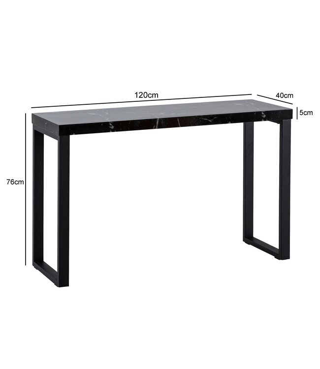 Wohnling consoletafel marmerlook zwart hoogglans 120x40x76 cm design dressoir hal, smalle opbergtafel, haltafel met metalen poten, lange hoge haltafel, klein bureau