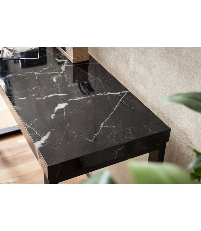 Wohnling consoletafel marmerlook zwart hoogglans 120x40x76 cm design dressoir hal, smalle opbergtafel, haltafel met metalen poten, lange hoge haltafel, klein bureau