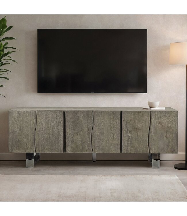 Wohnling Lowboard Acacia Massief Hout Gerookt Grijs 160x56x46 cm TV-kast met Drie Deuren, Design TV-kast Hoog, TV-tafel TV-kast Grijs Modern, TV-kast Woonkamer met Metalen Poten