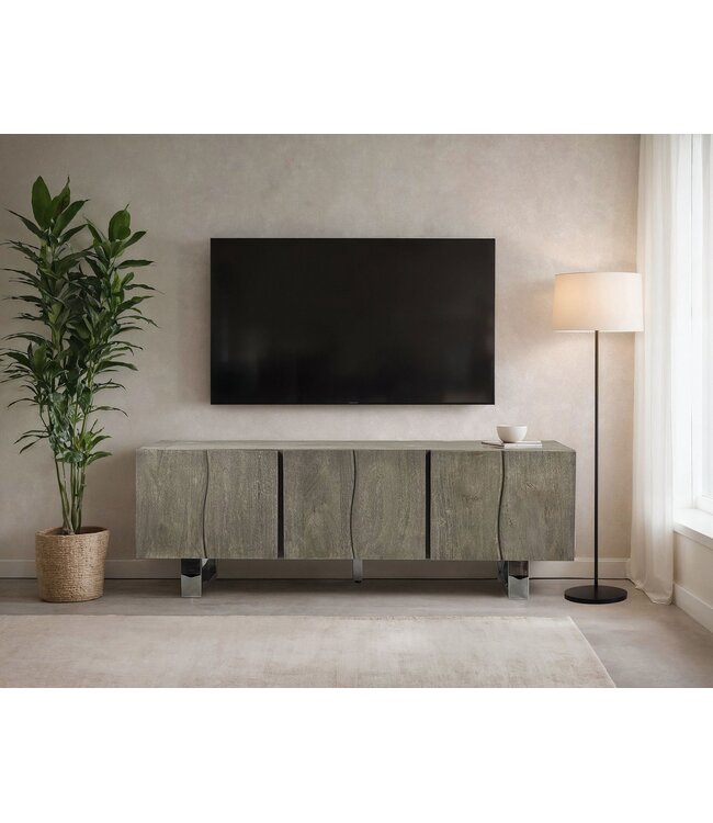 Wohnling Lowboard Acacia Massief Hout Gerookt Grijs 160x56x46 cm TV-kast met Drie Deuren, Design TV-kast Hoog, TV-tafel TV-kast Grijs Modern, TV-kast Woonkamer met Metalen Poten
