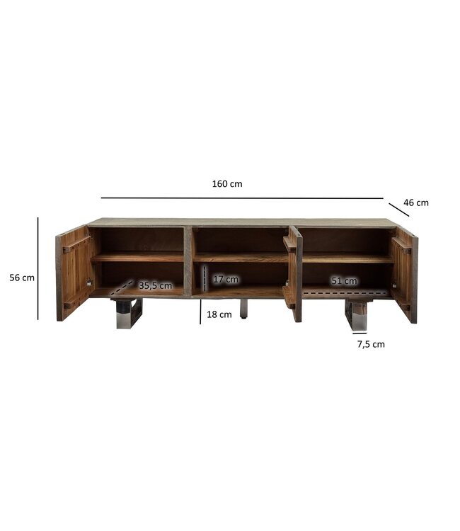 Wohnling Lowboard Acacia Massief Hout Gerookt Grijs 160x56x46 cm TV-kast met Drie Deuren, Design TV-kast Hoog, TV-tafel TV-kast Grijs Modern, TV-kast Woonkamer met Metalen Poten