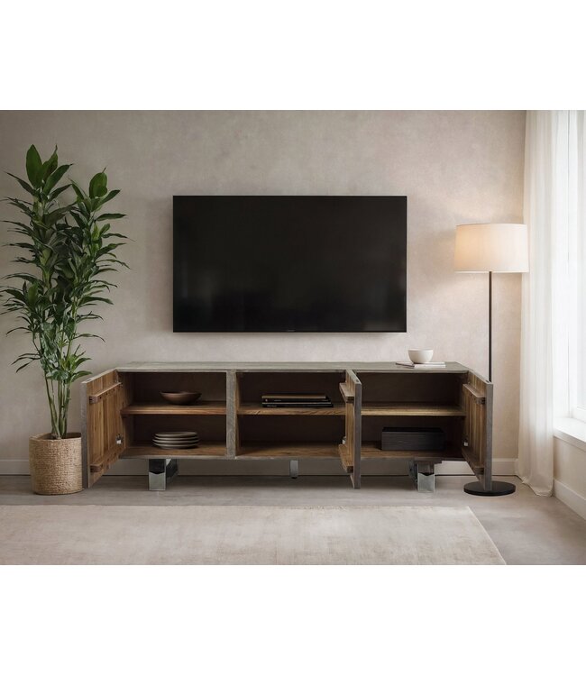 Wohnling Lowboard Acacia Massief Hout Gerookt Grijs 160x56x46 cm TV-kast met Drie Deuren, Design TV-kast Hoog, TV-tafel TV-kast Grijs Modern, TV-kast Woonkamer met Metalen Poten