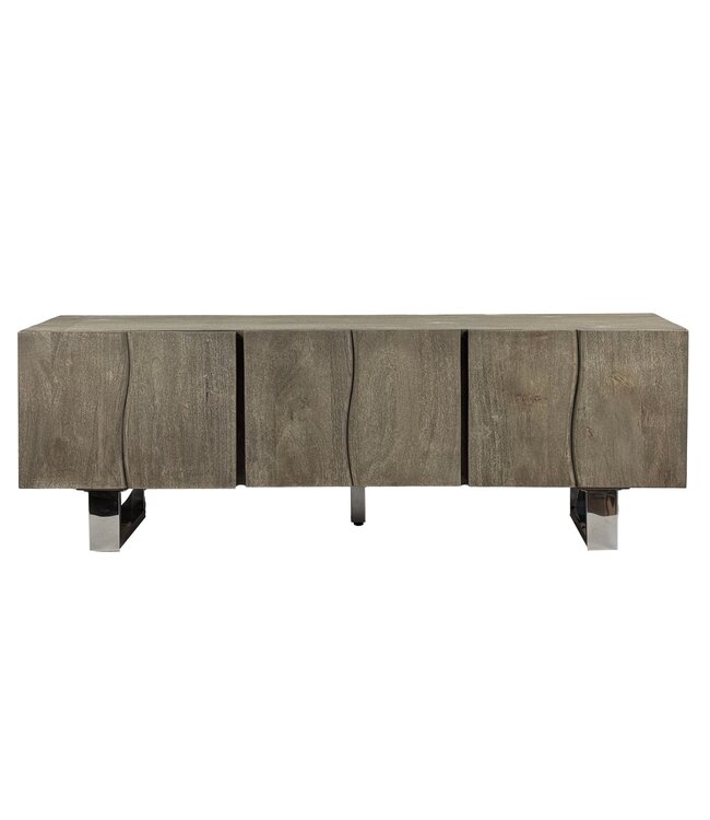 Wohnling Lowboard Acacia Massief Hout Gerookt Grijs 160x56x46 cm TV-kast met Drie Deuren, Design TV-kast Hoog, TV-tafel TV-kast Grijs Modern, TV-kast Woonkamer met Metalen Poten