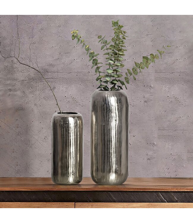 Wohnling Decoratieve Vaas Set van 2 Aluminium Zilveren Cilinder Bloemenvaas Modern, Decoratieve Vaas Rond 2-delig voor Bloemen, Aluminium Tafelvaas Woondecoratie Metalen Tafeldecoratie Handgemaakt