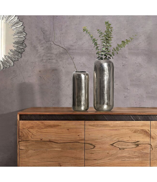 Wohnling Decoratieve Vaas Set van 2 Aluminium Zilveren Cilinder Bloemenvaas Modern, Decoratieve Vaas Rond 2-delig voor Bloemen, Aluminium Tafelvaas Woondecoratie Metalen Tafeldecoratie Handgemaakt