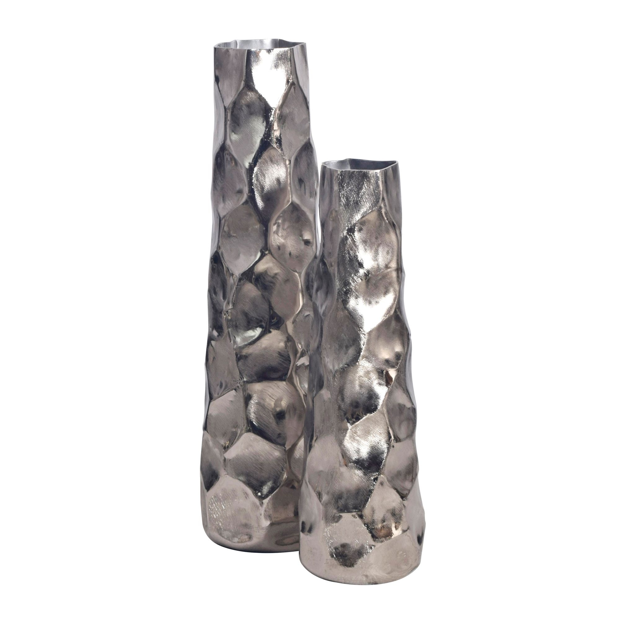 Decoratieve Vaas Set van 2 Aluminium Zilveren Bloemenvaas Modern, Decoratieve Vaas Gehamerd Ontwerp 