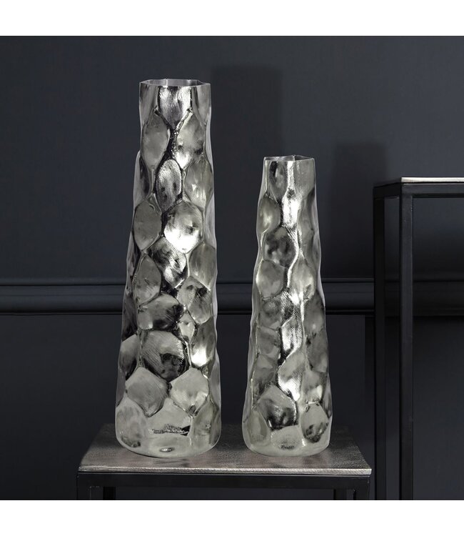Wohnling Decoratieve Vaas Set van 2 Aluminium Zilveren Bloemenvaas Modern, Decoratieve Vaas Gehamerd Ontwerp 2-delig voor Bloemen, Aluminium Tafelvaas Woondecoratie Metalen Tafeldecoratie Handgemaakt