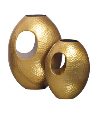 Wohnling decoratieve vaas set van 2 aluminium goud met handvat bloemenvaas moderne, gehamerde decoratieve vaas 2-delig voor bloemen, aluminium tafelvaas handgemaakt