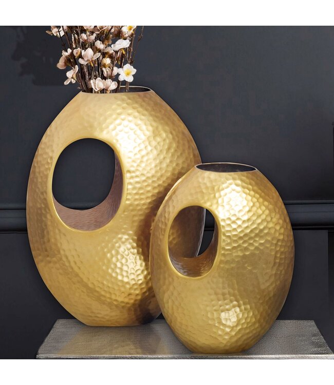 Wohnling decoratieve vaas set van 2 aluminium goud met handvat bloemenvaas moderne, gehamerde decoratieve vaas 2-delig voor bloemen, aluminium tafelvaas handgemaakt