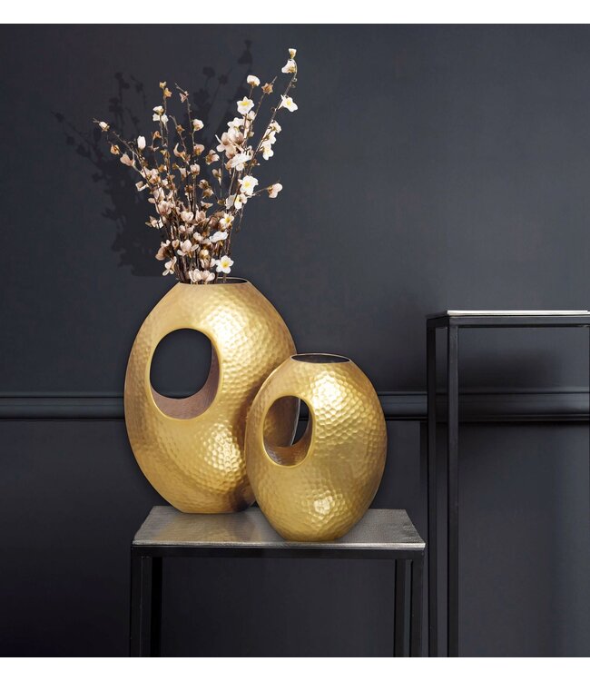 Wohnling decoratieve vaas set van 2 aluminium goud met handvat bloemenvaas moderne, gehamerde decoratieve vaas 2-delig voor bloemen, aluminium tafelvaas handgemaakt