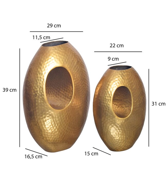 Wohnling decoratieve vaas set van 2 aluminium goud met handvat bloemenvaas moderne, gehamerde decoratieve vaas 2-delig voor bloemen, aluminium tafelvaas handgemaakt