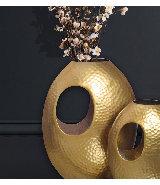 Wohnling decoratieve vaas set van 2 aluminium goud met handvat bloemenvaas moderne, gehamerde decoratieve vaas 2-delig voor bloemen, aluminium tafelvaas handgemaakt