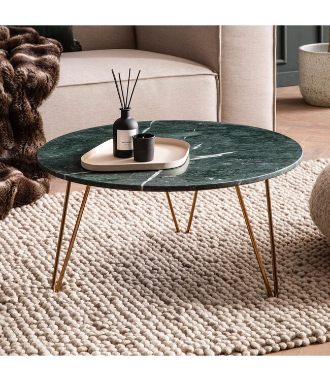 Wohnling Salontafel Echt Marmer Groen 70x70x35 cm Salontafel Metaal Goud, Design Statief Woonkamertafel Rond Modern, Loungetafel Groot, Salontafel Haarspeldpoten