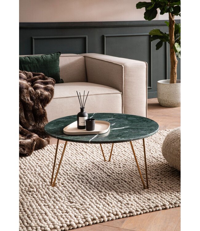 Wohnling Salontafel Echt Marmer Groen 70x70x35 cm Salontafel Metaal Goud, Design Statief Woonkamertafel Rond Modern, Loungetafel Groot, Salontafel Haarspeldpoten