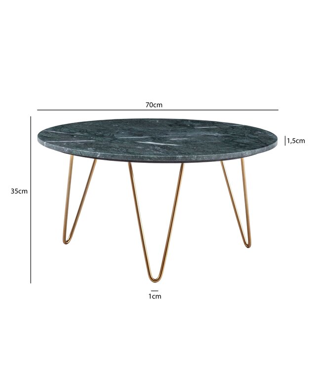 Wohnling Salontafel Echt Marmer Groen 70x70x35 cm Salontafel Metaal Goud, Design Statief Woonkamertafel Rond Modern, Loungetafel Groot, Salontafel Haarspeldpoten