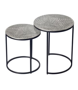 Wohnling Salontafelset Metaal 2-delig rond zilver - Bijzettafel Aluminium tafelbladen met patroon - Design Salontafel bijzettafel modern ijzeren frame - Decoratieve tafel Woonkamertafel Handgemaakt