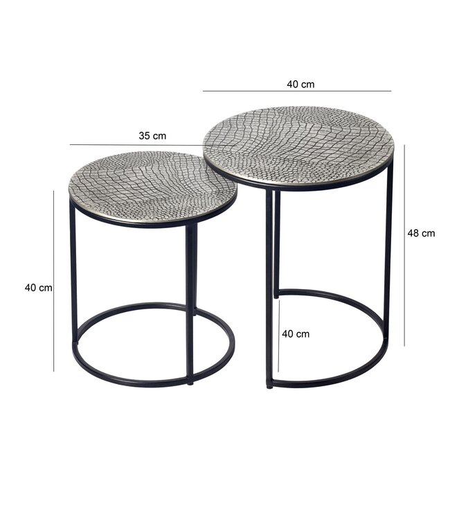 Wohnling Salontafelset Metaal 2-delig rond zilver - Bijzettafel Aluminium tafelbladen met patroon - Design Salontafel bijzettafel modern ijzeren frame - Decoratieve tafel Woonkamertafel Handgemaakt