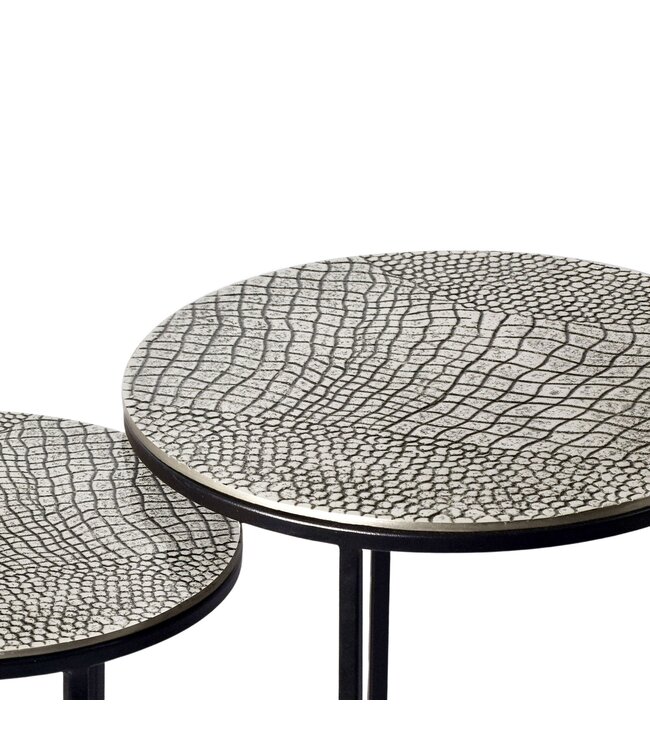 Wohnling Salontafelset Metaal 2-delig rond zilver - Bijzettafel Aluminium tafelbladen met patroon - Design Salontafel bijzettafel modern ijzeren frame - Decoratieve tafel Woonkamertafel Handgemaakt