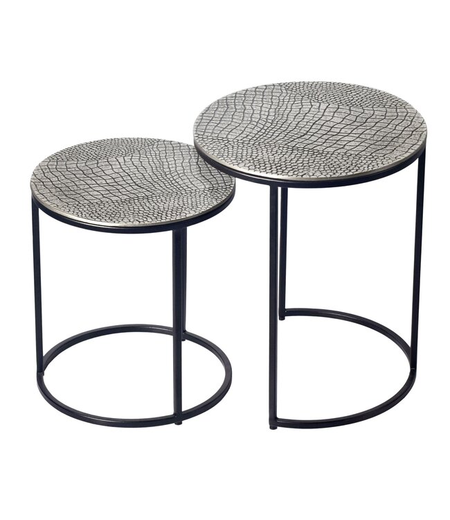 Wohnling Salontafelset Metaal 2-delig rond zilver - Bijzettafel Aluminium tafelbladen met patroon - Design Salontafel bijzettafel modern ijzeren frame - Decoratieve tafel Woonkamertafel Handgemaakt