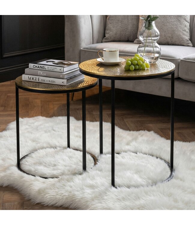 Wohnling Bijzettafel Set Metaal 2-delig rond goud - Bijzettafel Aluminium Tafelbladen met Patroon - Design Salontafel Aanbouwtafel modern IJzeren Frame - Decoratietafel Woonkamertafel Handgemaakt