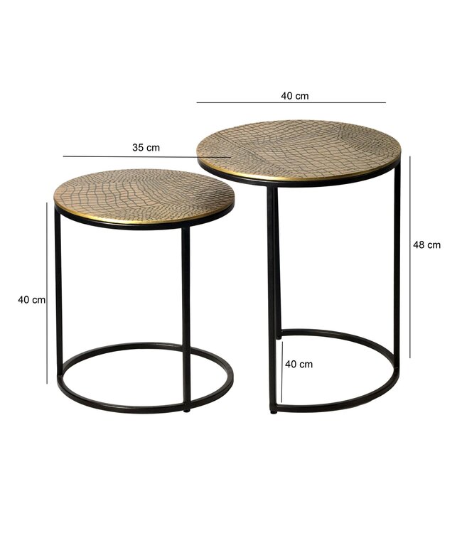 Wohnling Bijzettafel Set Metaal 2-delig rond goud - Bijzettafel Aluminium Tafelbladen met Patroon - Design Salontafel Aanbouwtafel modern IJzeren Frame - Decoratietafel Woonkamertafel Handgemaakt