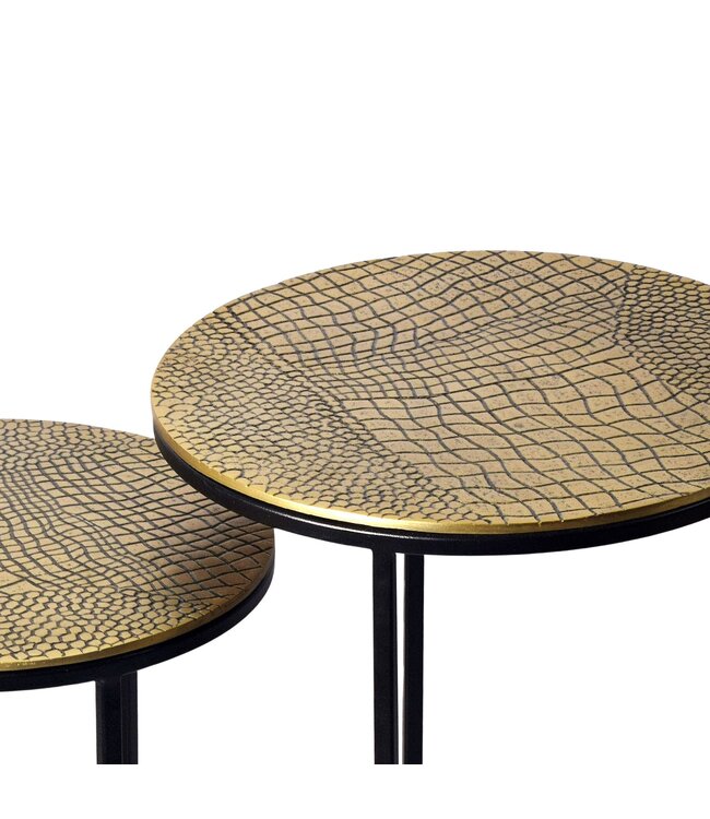 Wohnling Bijzettafel Set Metaal 2-delig rond goud - Bijzettafel Aluminium Tafelbladen met Patroon - Design Salontafel Aanbouwtafel modern IJzeren Frame - Decoratietafel Woonkamertafel Handgemaakt
