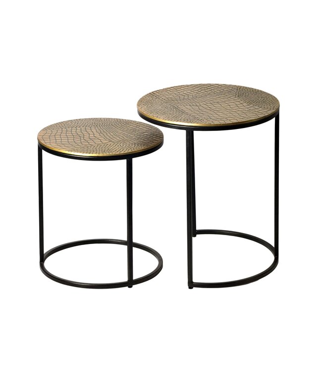Wohnling Bijzettafel Set Metaal 2-delig rond goud - Bijzettafel Aluminium Tafelbladen met Patroon - Design Salontafel Aanbouwtafel modern IJzeren Frame - Decoratietafel Woonkamertafel Handgemaakt