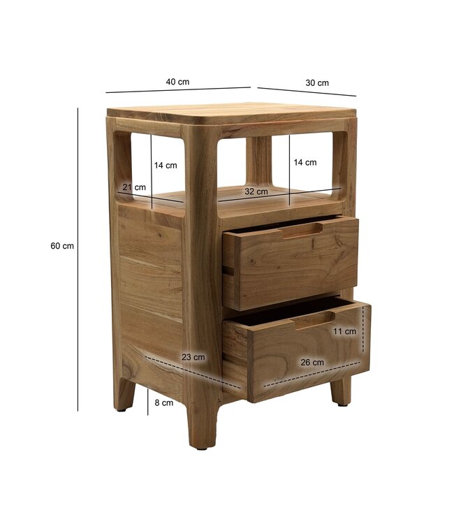 Wohnling Nachtkastje Acacia Massief Hout 40x60x30 cm - Nachtconsole met twee lades en open opbergvakken - Massief Houten Nachtkastje Boxspringbed - Nachtkast Nachtcommode Slaapkamer