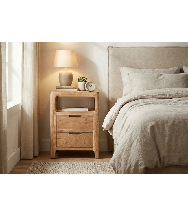 Wohnling Nachtkastje Acacia Massief Hout 40x60x30 cm - Nachtconsole met twee lades en open opbergvakken - Massief Houten Nachtkastje Boxspringbed - Nachtkast Nachtcommode Slaapkamer