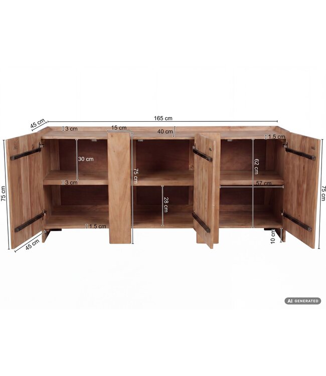 Wohnling Dressoir Acacia Massief Hout 165cm - Dressoir met 3 Deuren - Commode Modern Design - Kast Houten Commode Handgemaakt