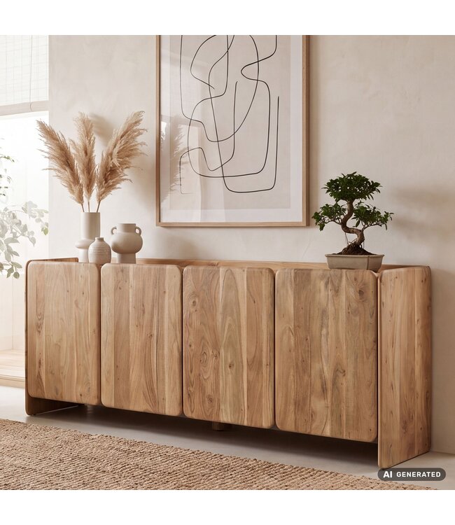 Wohnling Dressoir Acacia Massiefhout 180cm - Dressoir met 4 deuren - Commode modern design - Kast Houten commode Handgemaakt