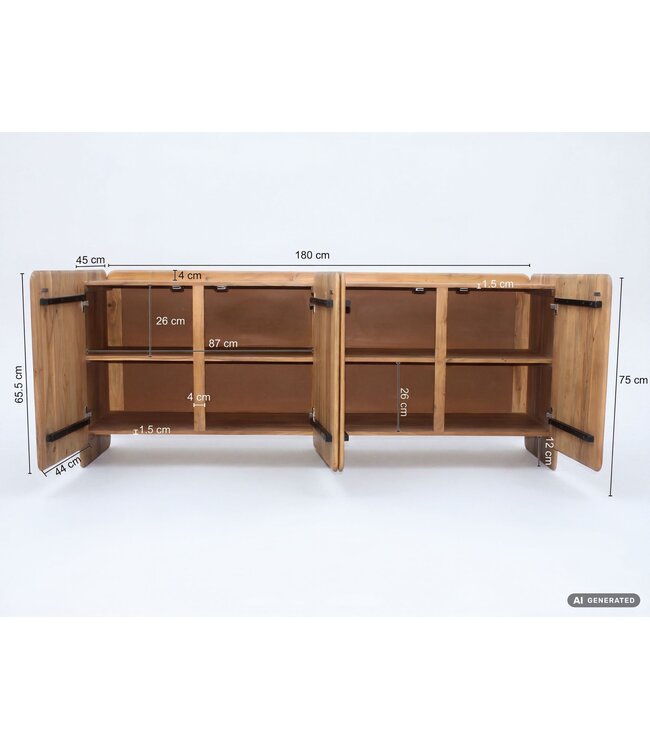 Wohnling Dressoir Acacia Massiefhout 180cm - Dressoir met 4 deuren - Commode modern design - Kast Houten commode Handgemaakt