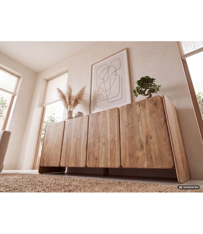 Wohnling Dressoir Acacia Massiefhout 180cm - Dressoir met 4 deuren - Commode modern design - Kast Houten commode Handgemaakt