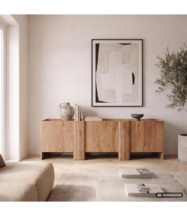 Wohnling Sideboard Acacia Massief Hout 165cm - Laag Dressoir met 3 Deuren - Commode Modern Design - Kast Houten Commode Handgemaakt