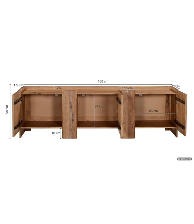 Wohnling Sideboard Acacia Massief Hout 165cm - Laag Dressoir met 3 Deuren - Commode Modern Design - Kast Houten Commode Handgemaakt