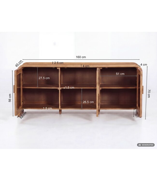 Wohnling Dressoir Mango Massief Hout 160cm - Dressoir met 3 Glazen Deuren - Commode Modern Design - Kast Houten Commode Handgemaakt