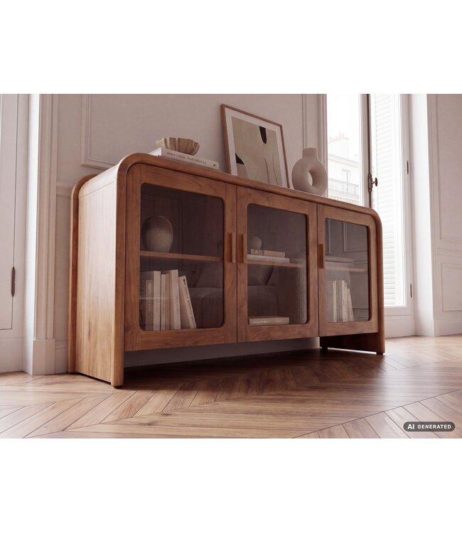 Wohnling Dressoir Mango Massief Hout 160cm - Dressoir met 3 Glazen Deuren - Commode Modern Design - Kast Houten Commode Handgemaakt