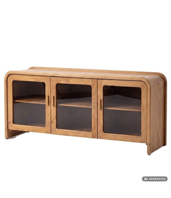 Wohnling Dressoir Mango Massief Hout 160cm - Dressoir met 3 Glazen Deuren - Commode Modern Design - Kast Houten Commode Handgemaakt