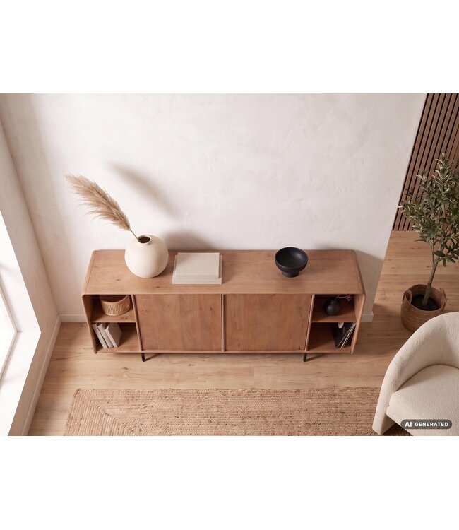 Wohnling Sideboard Mango Massiefhout 180cm - Dressoir met 2 deuren en rek - Commode modern design - Kast Houten commode Handgemaakt
